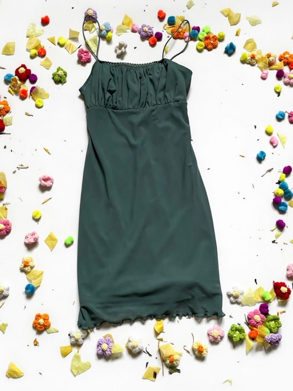 Forever 21 Green Teal Satin Slip Dress with Ruffled Hem
